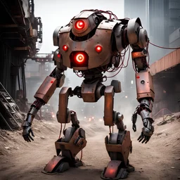 trash mech suit, human-sized, made of scrap metal, small, cockpit, light rust, round, one red glowing eye, loose wires