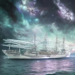 smooth hyper realistic, cosmic ship, pale colors, dark cosmos background, extremely sharp detail, finely tuned detail, ultra high definition, 8 k, unreal engine 5, ultra sharp focus, accurate sword wings, positive smile, lot of details, fit within portrait, Ambiance winter, perfect composition, by CHIHO AOSHIMA