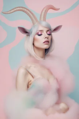 fine-art, photography of a half woman, half goat, a eyes Closed by stitches horn like a goat, in the style of glitter pastels, surgical, stitches on mouth, light-pink, ceramic face