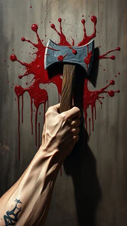Bosch style painting , A 3D evil hand holding an axe out of red and black bloody wall trying to hit you