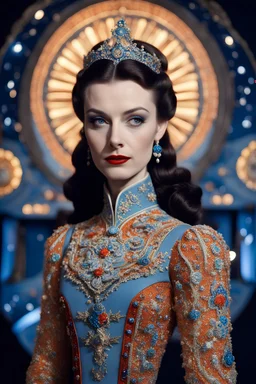 Austrian simbolism, hiper-realistic technicolor Vivien Leigh Princess wears a Star wars Surrealist Armenian embroidered avant-gard fashion gown, ornamental details, in space opera Stanley Kubrick movie style