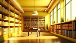 Modern yellow library interior with sunlight. Decor and desing concept. 3D Rendering