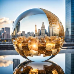 crystal sphere with many golden Dodecahedrons inside, reflections of the modern city environment inreclective faces , divides into array of crystal cubes.