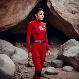 [sexy_in her tight red uniform, afraid and crouched] A young Star Trek ensign, donning a red uniform, experiences fear during her first away mission. Hiding beneath a large rock, she exudes a mix of curiosity and anxiety. Though disheveled and dirtied, her determination shines through as she clings to her tricorder. Seeking safety, she peeks out from her hiding place, surrounded by alien flora and fauna.