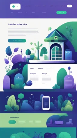 illustrations with a simple art style that show webiste's home page use dark blue-purple and bright green