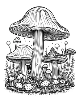 mushroom world minimalistic landscape. line art, background, vector, svg, coloring book page style, black outline on white background