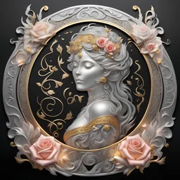 name "Mother Goddess" with decorative cursive writing in pure silver and gold dimensions there are stylized burning sparks in the corner with light smoke and Rose flowers on a black background