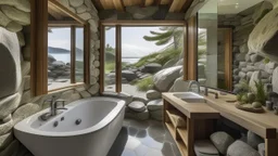 Bathroom with organic design that blends with the rocky surroundings at the water's edge
