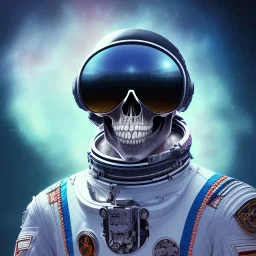 Midjourney style of detailed and intricate skull wearing red sunglasses| wearing cosmonaut suit| portrait and science fiction theme| aurora lighting| nebula and stars| stunning environment| volumetric lighting| vibrant