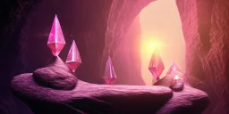 single pink crystal, on an altar in a foggy cave, cinematic,