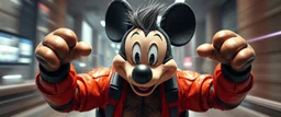 hi speed bad ass cyber punk masculine realistic mickey mouse humanoid with hairy arms and chest, motion blurred background