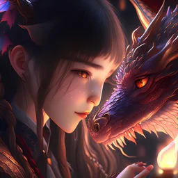 Girl touching her dragon's face, Realistic anime, Dreamlike anime 1.0, Full body portrait, Mystical lighting, Amazing detail, 4k, 8k, illustration, Perfection, bronzepunkai, Japanese anime, Ultra detailed, Atmospheric, Full-Body Shot, 8k, HD, Full HD --q 2