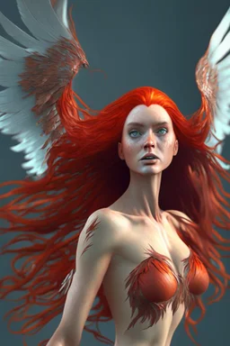 Full body realistic photo of stunning beauty woman royal phoenix woman with long red hair fluttering in the wind and scaly wings, minimal clothing, extremely muscular, dynamic pose, perfect detailed face, detailed symmetric hazel eyes with circular iris, realistic, stunning realistic photograph, 3d render, octane render, intricately detailed, cinematic, trending on artstation, Isometric, Centered hipereallistic cover photo, awesome full color, hand drawn, dark, gritty, mucha, klimt, erte 12k,