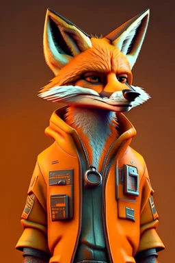 Fox character portrait dressed in tech clothing in orange, in 3D realistic