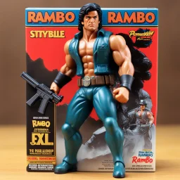 A photograph of a pristine action figure encased in its packaging, evoking a sense of collectible wonder, styled after a vintage toy advertisement. The box prominently displays "Rambo" in bold, stylized lettering, with the action figure inside clearly resembling Sylvester Stallone as Rambo, possessing his iconic features and a lean, athletic build, confidently holding a pistol and a knife