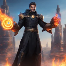 A 25 years boy persian in matte black robes with flaming eyes with grin with flaming light blue pupils stands atop a squire Two infinity gauntlets contain six infinity stones, one of which is made with nano In the hands of a powerful man walking While standing on a majestic height from afar