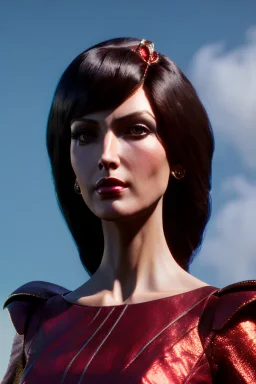 Tall woman, dark brown hair, red eyes, red blouse with black skirt, portrait, Ornate details, vibrant color, highly detailed, art stations, concept art, smooth, unreal engine 5, god lights, ray tracing, RTX, lumen lighting, ultra detail, volumetric lighting, 3d, finely drawn, high definition, 4k.