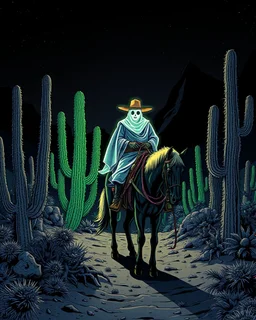A dark detailed desert cactus-jungle, fluorescent ghost-cowboy on horseback, a dark detailed style guide by Moebius --no eyes --ar 4:5 --style raw --personalize 369x7uv --stylize 200 --v 6.1