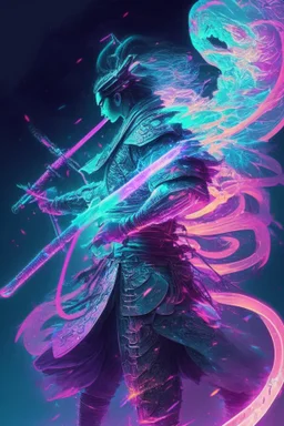 Mystical samurai emitting an aura of transparent dragons with a long, neon sword emitting an aura