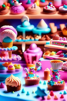 surrealistic image of toys baking and decorating delicious treats in a toy-sized bakery. You can have toy chefs decorating cupcakes, rolling out dough for cookies, and frosting cakes. Surround them with an assortment of mouth-watering pastries and candies.