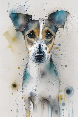 Abstract wet watercolour of the head of a long coated coated jack Russell, ink lines, interlinked circles, detailed,focus on eyes, watercolour paper