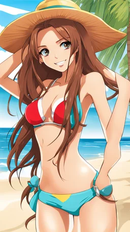 Attractive Anime Woman With Very Long brown Hair, Bikini, Full Body In Frame, Beach, Red Cheeks, Skinny, Looking At Camera, Smiling