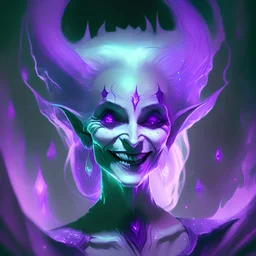 Old Female Pale vampire purple hair smiling pointed ears hologrphic crystal galaxy. Nightmare horror demon inferno glassmorphism. Plasma.