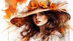 Vintage art, brown and orange shades, sunny day, straw hat for woman, summer dress, splashes of art, in the style of Dante Gabriel Rossetti, Yossi Kotler, Camilla D'Errico, masterpiece, fine art in the style of Carne Griffiths, Paula Hoppe