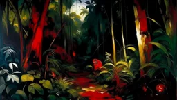 A blackish red savage jungle at nighttime painted by John Singer Sargent