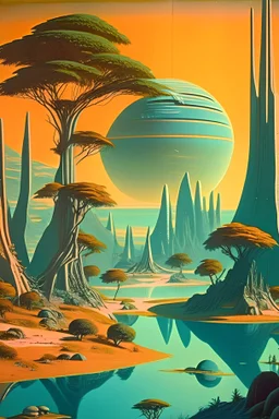 retro-futuristic image of a world in the hunter-gatherer phase, but eons later in the 1964th cycle of human evolution. Show the sun, rivers, land, sea, trees, forests, etc. Focus on hunter-gatherer phase but yet very advanced