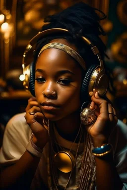 earthy black young woman listening to music with small old school headphones, soul, peace, majestic, earthy colours, at peace, happy, incense, jewels, bands, natural, old school headphones, blasian eyes, incense, very dark skin, crystals, gold arm bands, lots