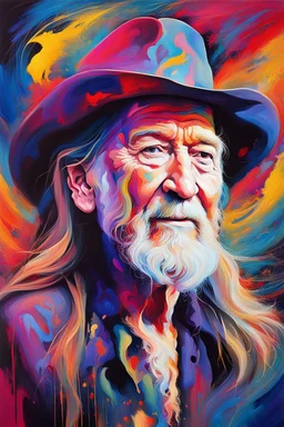 captivating conceptual painting of the iconic rock star, Willie Nelson, rendered in a vibrant and abstract art style. The background is a swirling, chaotic mix of artistic strokes that evoke a sense of rebellion and energy. The overall composition is a celebration of creativity, movement, and the essence of rock 'n' roll., vibrant, painting, conceptual art