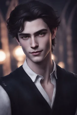 teenager handsome elven, with long pointed ears and brown eyes, mysteriously smiling