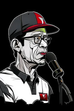 Ilustración vectorial de Gustavo Petro con gorra deportiva camisa, hablando tranquilamente con micrófono, colores negro, blanco y rojo, fondo negro