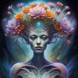 A stunning extraterrestrial being, displayed in a breathtaking concept artwork. Its delicate, see-through skin reveals a mesmerizing sight of vibrant inner workings, resembling a translucent crown adorned with blooms on its head. This expertly crafted image, whether a painting or a meticulously detailed photograph, showcases the intricate beauty of this otherworldly creature with impeccable precision and artistry. The lush details and impeccable execution of this captivating portrayal truly