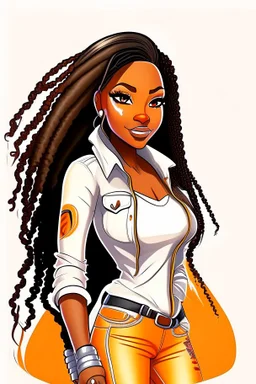 Create a digital airbrush cartoon of a curvy African American female wearing tight white jeans and a off the shoulder orange blouse. She is also wearing timberland boots. Prominent make up with hazel eyes. Highly detailed very long extremely dread locs black hair. Her skin is smooth and silky. Background of a track of ATV riders.