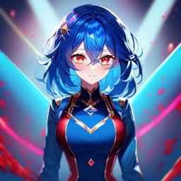 girl, masterpiece, best quality, volumetric lighting, detailed outfit, perfect eyes, blue hair, red eyes, beautiful lighting, vibrant colors, nervous,