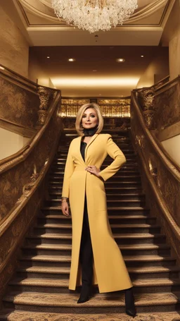 full body shot of Googoosh persian singer standing fashion pose in luxury hotel labi