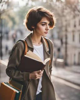 portrait pint of color photo of a student girl 22 years old ,short hair with her books in her hand walking in street,next to trees.close up