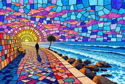create a detailed mosaic-style seaside walkway, colorful tile path curving along the shore, rising sun made of golden-orange mosaic shards, sky in stained glass patterns of purple, pink, and blue, a lone figure walking, small bench and palm tree nearby, gentle waves crashing --ar 3:2 --v 7 --style raw