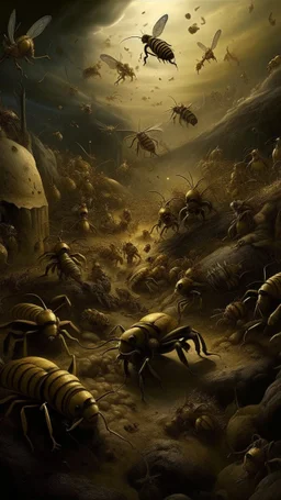 Bosch nightmares paining style Title:a bees colony , 8k artistic photography, photorealistic concept art, soft natural volumetric cinematic perfect light, chiaroscuro, award-winning photograph, masterpiece, oil on canvas, Raphael, Caravaggio’s, Greg Rutkowski, people, beksinski, Giger