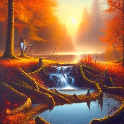 fantasy art, book illustration, close up of beaver building a dam ,autumn water, icy frame