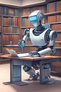 The library is serviced by computers, and there are many books on the shelves. The robot sits at the table and searches for books in the catalog in the computer Expression. High-quality drawing, 8K