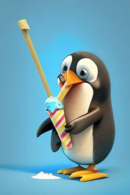 Cartoon character penguin eating ice cream lolly stick