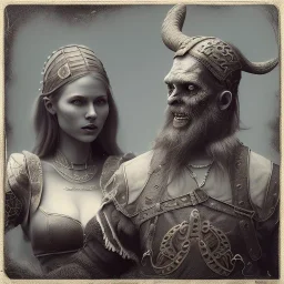 old viking with his zombie wife, scary, steam punk, realistic, made in octane, cinematic, ultra-realistic, extremely detailed octane rendering, 8K, VRAY Super Real ar 2:3, dof photorealistic futuristic 50mm lens hard lighting dark gray tintype photograph, realistic lighting, sepia color