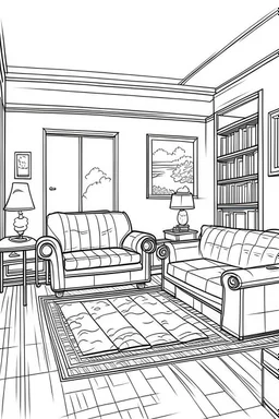 Outline art, simpl House interior design, sofa chair, cartoon style, thick lines, low details, --ar 9:11