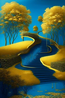 garden sky field trees river pools gold gold blue stairs