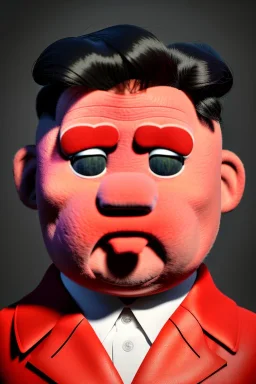 Waist up muppet Portrait, Kim Jong-un muppet doll, black suit, photo studio, red background, unreal engine 5, concept art, art station, ray tracing, lumen lighting, ultra detail, volumetric lighting, 3d.