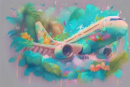 A detailed illustration Jumbo Jet 747 fly with tropical rainforest, t-shirt design, flowers splash, t-shirt design, in the style of Studio Ghibli, pastel tetradic colors, 3D vector art, cute and eccentric, fantasy art, watercolor effect, bokeh, Adobe Illustrator, hand-drawn, digital painting, low-poly, soft lighting, bird's-eye view, isometric style, retro aesthetic, focused on the character, 4K resolution, photorealistic rendering, using Cinema 4D