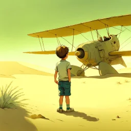 A 6-year-old boy in shorts with leeks, three-quarter socks, standing with his hands behind his back and looking at a large painting that hangs on the wall of the museum of the little prince standing on dune sand in the desert near the wreckage of a biplane and reaching out to him with a hand that comes out of the picture, a hyper-realistic picture